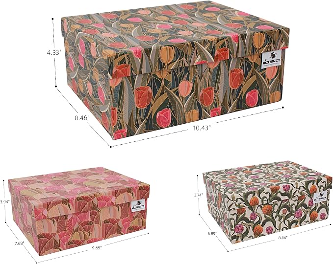 3-Piece Decorative Storage Boxes with Lids, Tulip Design, Vintage Floral, Cardboard Paperboard Keepsake box Set, Photo Storage Box for Memory, Home Decor, Modern Decoration Organizer