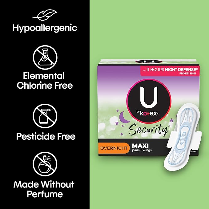 U by Kotex Security Maxi Overnight Pads With Wings, Regular, Unscented, Unscented, 28 Count