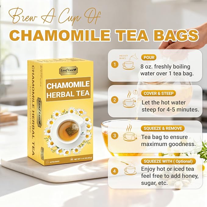 LeafLea Chamomile Herbal Tea Bags, Evening Bedtime Routine, 40 Count | From Chamomile Flowers, Gentle Floral Scent, Clean Smooth Finish, Caffeine-Free, Sugar-Free, Individually Wrapped