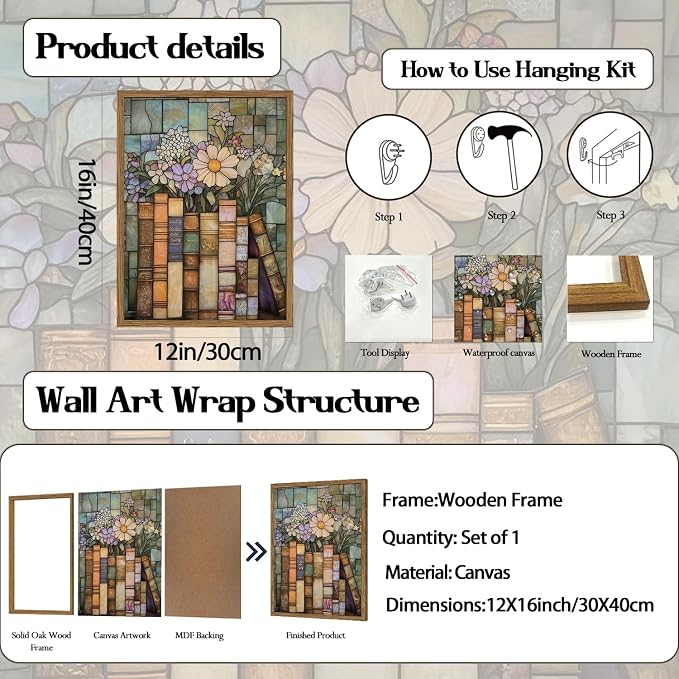 YYNISPIN Vintage Book Wildflower Wall Art Moody Stained Glass Book Lover Wall Decor Painting, Whimsical Reading Nook Library Poster Canvas Prints for Cottage Bedroom Living Room 12x16 inch Frame