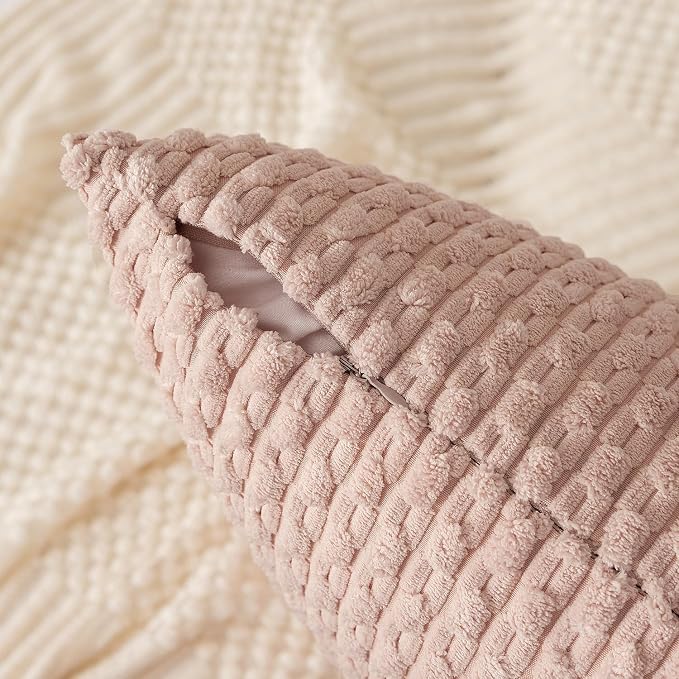 Kevin Textile Soft Corduroy 14"x22" Lumbar Pillow Cover 1 Pack, Light Pink | Boho Stripe Plush Corduroy Decorative Oblong Cushion Cover Modern Farmhouse Home Decor for Sofa Couch Bed Chair