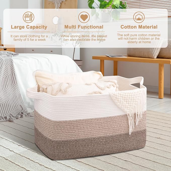 OIAHOMY Extra Large Blanket Basket, 95L Cotton Rope Woven Laundry Basket, Toy Bin for Baby Room, Container for Blanket Storage in Living Room, 24''×17''×14'', Gradient Brown