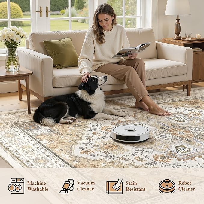 UERMEI 5x7 Area Rug for Living Room - Washable Vintage Carpet, Non-Slip Soft Large Indoor Floor Rugs for Bedroom Home Office & Under Dining Table Decor, Brown Beige