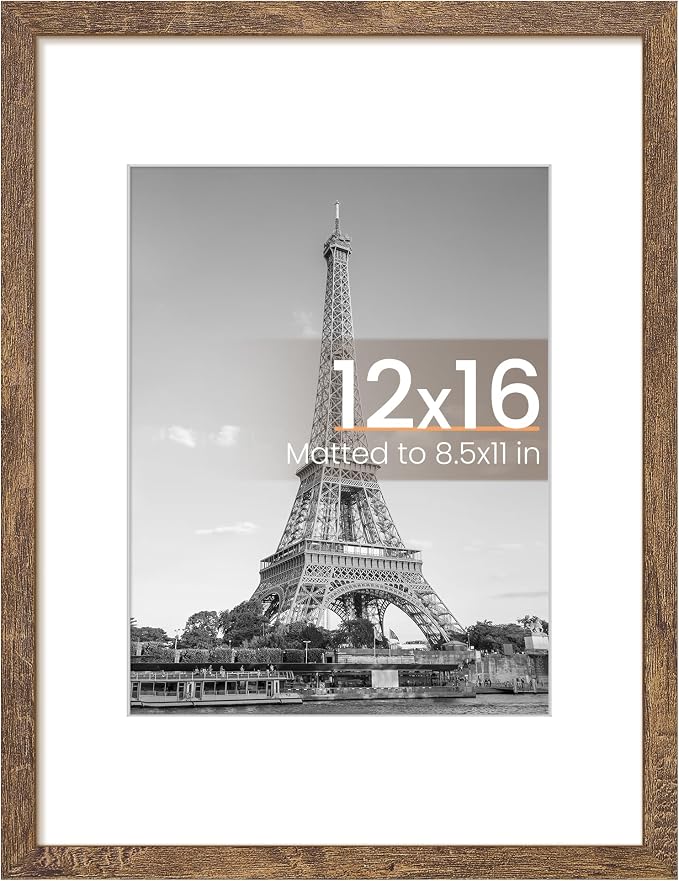 upsimples 12x16 Frame, Display Pictures 8.5x11 with Mat or 12x16 Without Mat, Wall Hanging Photo Frame, Rustic Brown, 1 Pack