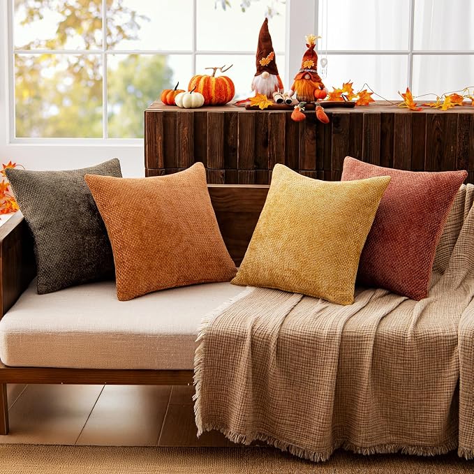 MIULEE Decorative Chenille Fall Pillow Covers Orange Brown 20x20 Pack of 4 | Rustic Decor, Autumn Harvest Orange Collection, Couch Throw Pillows, Farmhouse Boho Cushion Covers for Sofa Bed Living Room