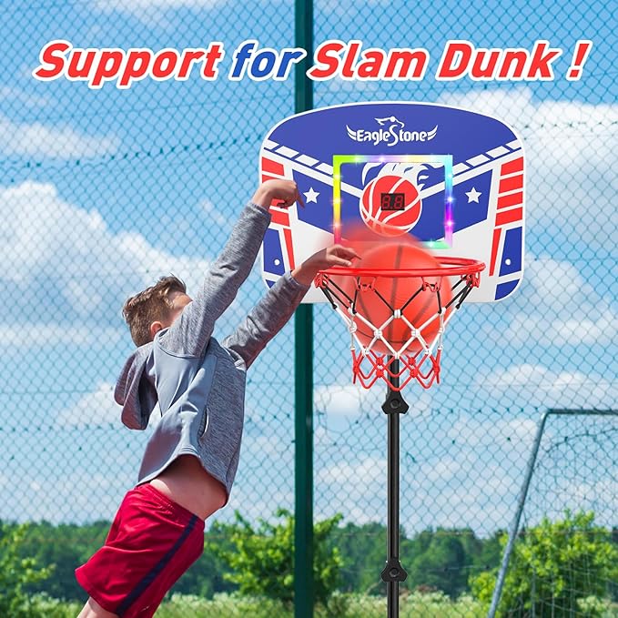 Eaglestone Kid Basketball Hoop Indoor with LED Lights & Scoreboard,Toddler Basketball Hoop Adjustable Height 2.9ft-6ft, Mini Hoop Outdoor with 3 Balls,Basketball Toy Gifts for 3-12 Year Old Boys Girls