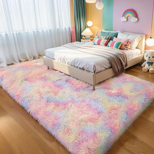 6x9 Thick Unicorn Rug for Girls Bedroom, Rainbow Plush Shag Carpet | Pastel Area Rug for Living Room, Nursery, Kids Dorm Room, Washable Non Slip Shag Carpet