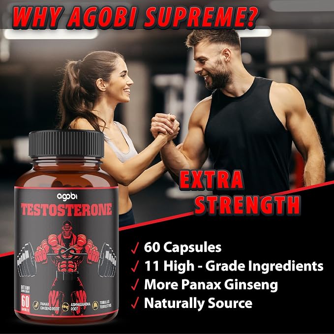 agobi Testosterone Supplement for Men - 11 Herbs - Ashwagandha, Tribulus, Ginseng & More - 60 Capsules for 1 Month