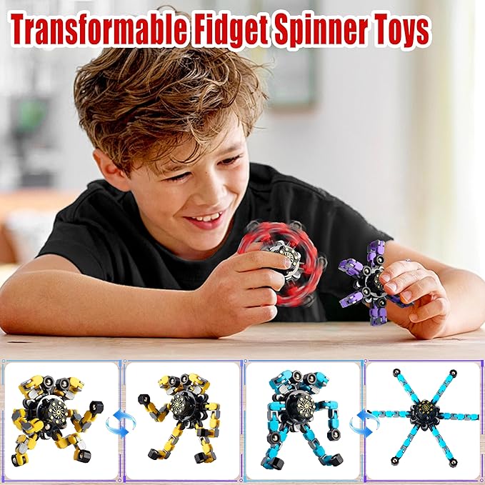 Transformable Fidget Spinners Toys for Adults Kids, 4 Pcs Sensory Toys for Teens with Autism Anxiety Stress Relief Gifts, Durable Robot Fingertip Gyros for Party Favors Stocking Stuffers Treasure Box