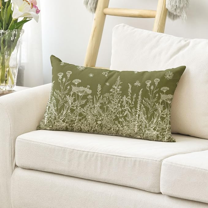 AVOIN colorlife Wildflowers Spring Moss Green Throw Pillow Cover 12x20 Inch | Floral Cushion Case Decoration for Home Sofa Couch