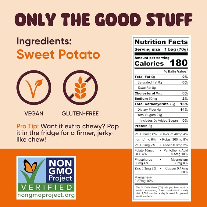 Yammy Chewy Dried Sweet Potato Sticks (18-Pack) - 1 Ingredient Healthy Asian Snack (Japanese, Korean, Chinese Super Food) - Nature's Gummy Candy - No Added Sugar, Vegan, Gluten-Free, 4g Fiber, 2.5oz