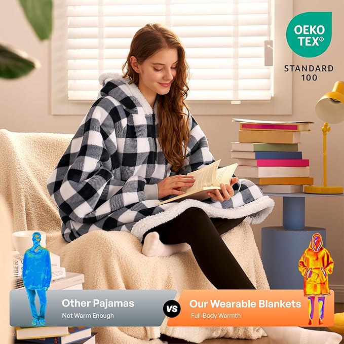 Giggling Getup Wearable Blanket Hoodie for Adults Gifts for Teen Girls Sister Women Sherpa Fleece Printed Hooded Blanket Sweatshirt Warm Cozy with Pocket & Sleeves Black Plaid