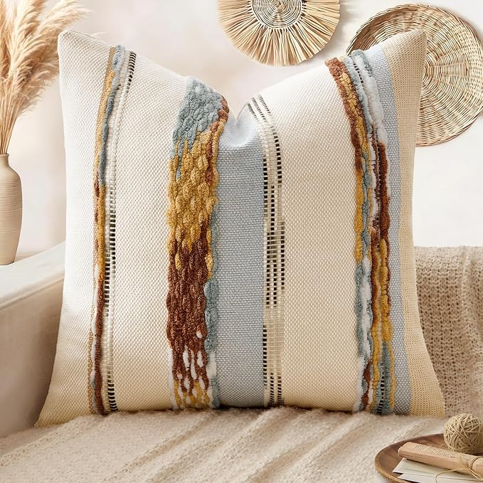 ANRODUO Boho Decorative Pillow Covers 18x18 Blue-Earth Tones Pack of 1 | Throw Pillow Covers, Farmhouse Cushion Case, Chenille Pillow Cases, Pillow Covers, Neutral Pillowcase for Sofa Couch Bed
