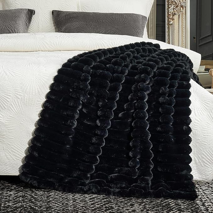 Cozy Bliss Faux Fur Throw Blanket for Couch, Cozy Warm Plush Striped Blanket for Sofa Bedroom Living Room, 50 * 60 Inches Black