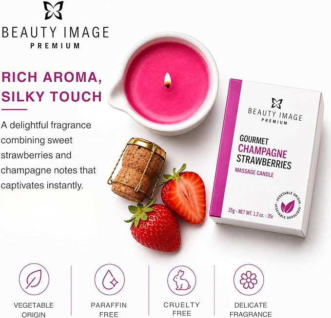 Beauty Image Strawberry Champagne Hot Oil Body Massage Candle, Pink