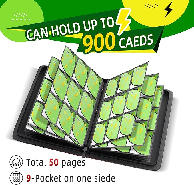 Trading Card Binder 9 Pocket,900 Pocket Card Collection Binder with 50 Removable Sleeves,PU Waterproof Top Card Book,3-Ring Zipper Collectible Trading Card Album for MTG/TCG/Card Holder Gift(Green)