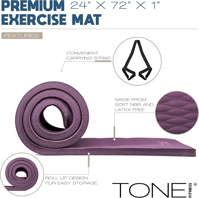 Tone Fitness 1-Inch Thick Yoga Mat | High-Density, Non-slip Exercise Mat with Carrying Strap for Yoga, Pilates, & Home Gym Workouts | Multiple Options