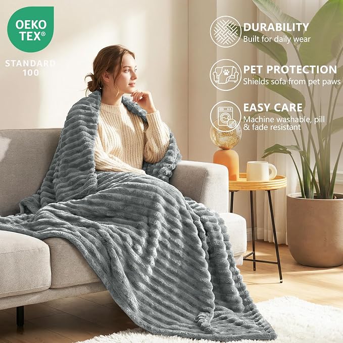 HIMEET Grey Full Size Blanket for Bed, 300GSM Ribbed Fleece, 84 x 90 Inches | Ultra Soft Flannel, All-Season Lightweight Warmth, Bed Layering & Home Room Decor, Gift for Men & Women, Machine Washable