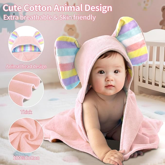 VOOVA & MOVAS Premium Pink Baby Hooded Bath Towel-100% Cotton,500GSM,33x31.5 Inches,0-2Years,Super Absorbent Large Towel with Cute Elephant Ears Hood for Newborn,Baby,Infant, Baby Essentials,Pink