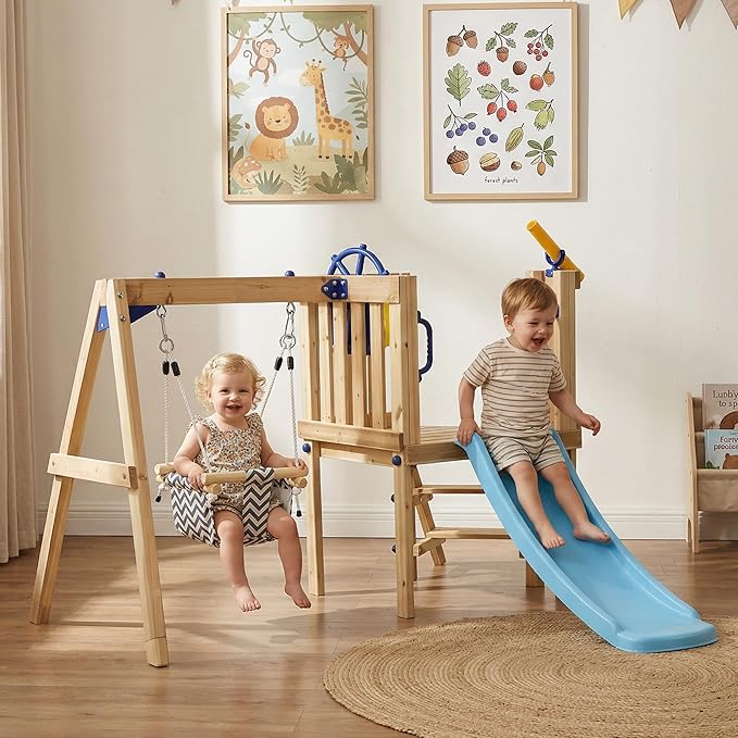 Outsunny Swing Set for Backyard, Wooden Toddler Outdoor Playset with Baby Swing Seat, Kids Slide, Fort, Playground Equipment with Captain's Wheel, Telescope for Ages 1.5-4, Natural