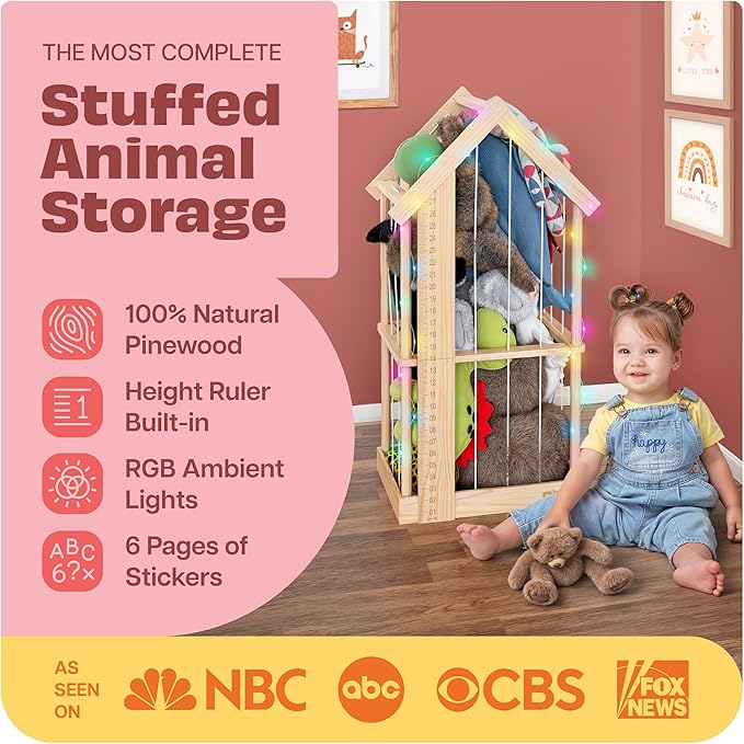 Stuffed Animal Zoo Storage Cage | Wooden Plush Tower Storage | Durable Plush Toy Stuffie Holder | Vertical Jail Organizer with Height Ruler, Stickers & RGB Light (Small)