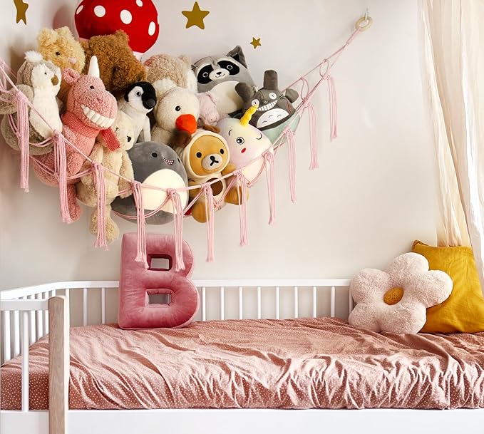 Large Stuffed Animal Storage Hammock Corner Net - Pink Room Decor for Teen Girls - Toys Storage Hanging Stuff Animal Organizer Holder Cute Stuff - Boho Nursery Dorm Bedoom Decor Aesthetic