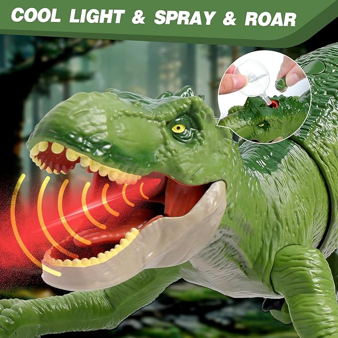 Sunrad Remote Control Dinosaur Toys for Kids 3-5 4-7 8-12 Year Old, Electronic RC Robot Dinosaur with Spray & Light & Roar, Realistic Walking T-Rex Toys Birthday Gifts for Boys Girls(Green)