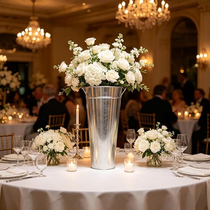 Hosley Galvanized French Bucket Vase with Handles 6" Dia x 15" H- Perfect for Weddings, Parties, Country Picnics, Floral Arrangements, Tableware Storage, or Candle Gardens - Rustic Farmhouse Décor
