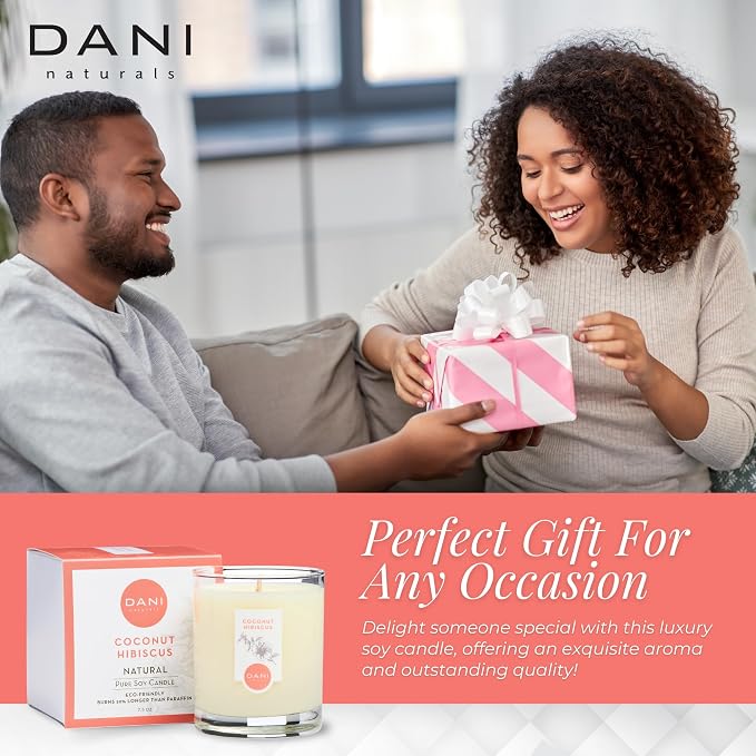 DANI Naturals Coconut Hibiscus 100% Soy Wax Candle, Non-Toxic, 7.5oz | Vegan, soy wax candle,Clean-burning with organic cotton wick,Tropical coconut hibiscus scent,Made in USA