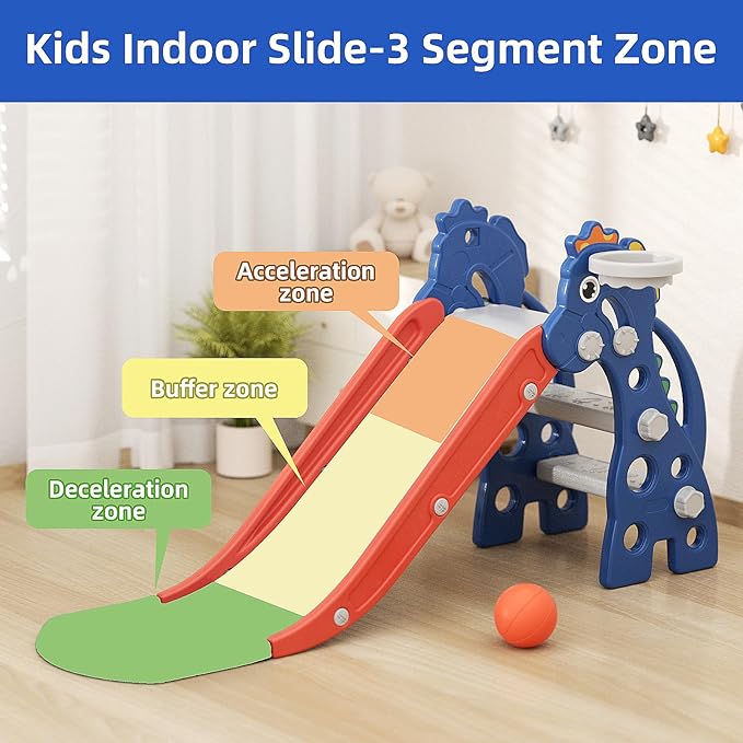 GLAF Toddler Slide Indoor for Toddlers 1-3 Baby Slide Outdoor Playset with Basketball Hoop and Ball Plastic Foldable Slides for Kids Backyard Climber Set (Blue)