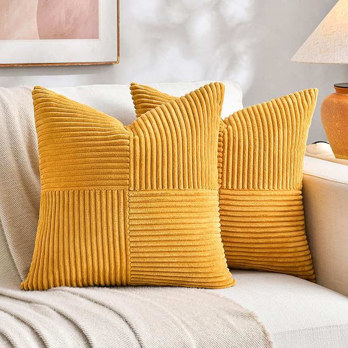 Fancy Homi 2 Packs Gold Yellow Samll Decorative Throw Pillow Covers 12x12 Inch with for Couch Bed Sofa, Farmhouse Boho Spring Home Decor, Soft Corss Patchwork Corduroy Square Cushion Case 30x30 cm