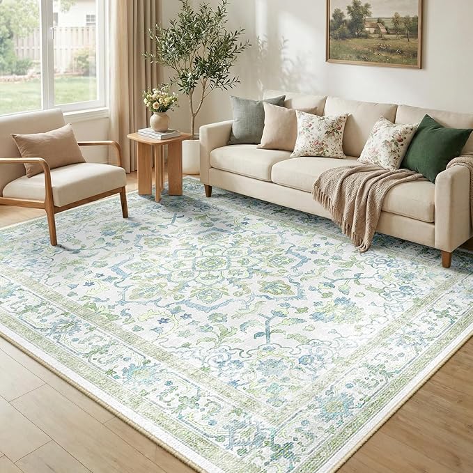 CAPALOCA 3x5 Washable Nursery Girls Low Pile Area Rug Green Blue | Non-Slip Soft Rugs for Bedroom Kids Playroom Living Room, Print Pattern Water Repellent Carpet Indoor Decor