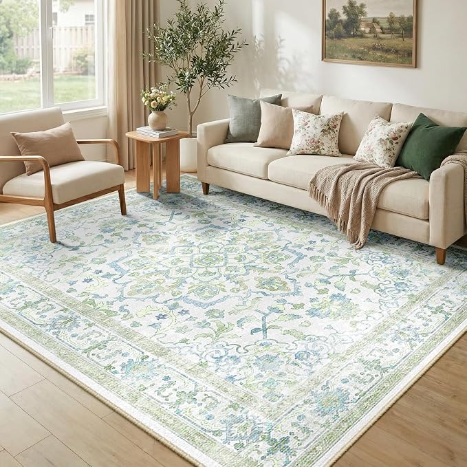 CAPALOCA 4x6 Washable Nursery Girls Low Pile Area Rug Green Blue | Non-Slip Soft Rugs for Bedroom Kids Playroom Living Room, Print Pattern Water Repellent Carpet Indoor Decor