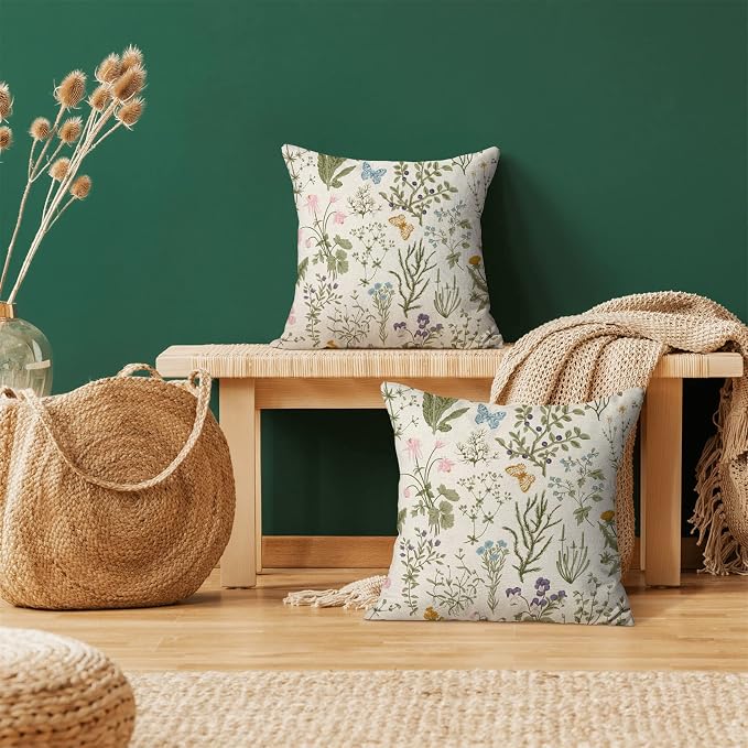 AEIOAE Spring Sage Green Wild Flower Pillow Covers 20x20 Set of 2 | Plant Throw Pillows Case,Seasonal Floral Outdoor Decorative Linen Farmhouse Decor Cushion Covers for Home Sofa Bed Couch