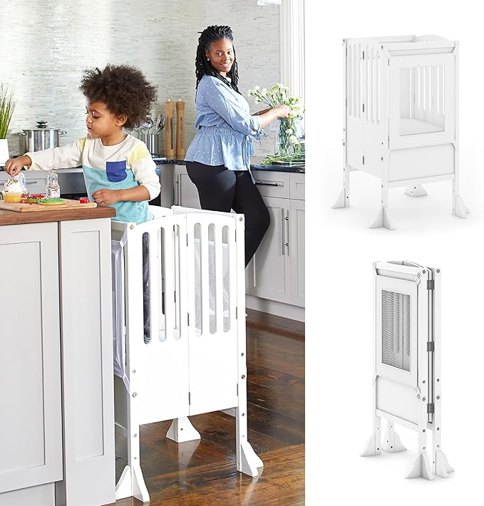 Guidecraft Kitchen Helper® Toddler Tower Step Stool - Contemporary - White: Folding Adjustable Height Montessori Wooden Learning Furniture with Keepers