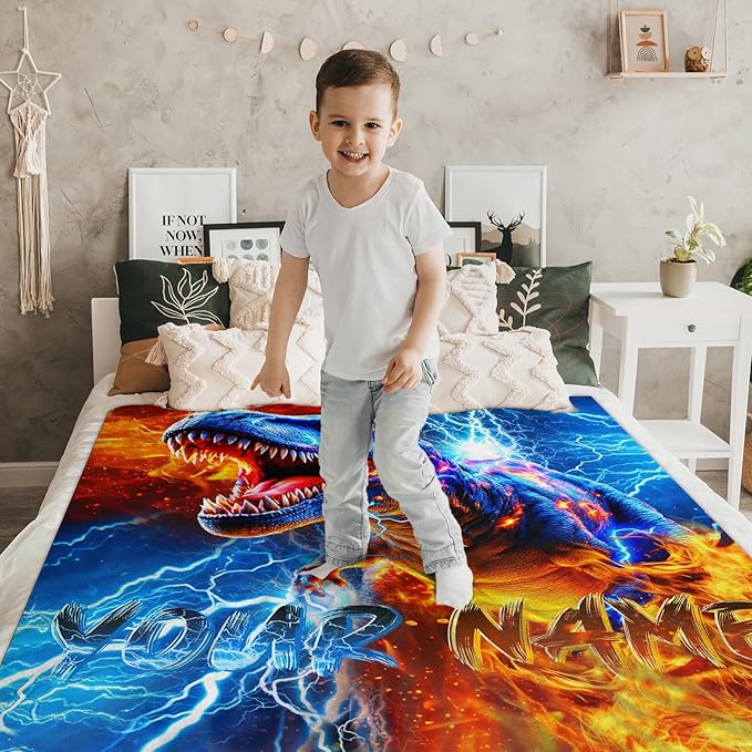 Boys Dinosaur Blanket Personalized Throw Blankets Gift for Kids Teens, 40X50 Inches Comfy Soft All Season Custom Throw for Sofa Chair Bed Office Home Decor