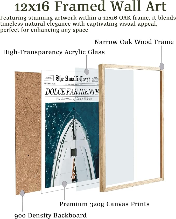 EcoHest 12x16 in Dolce Far Niente Newspaper Framed Wall Art | Natural Oak Wood Frame, Canvas Wall Art, Italian Summer Newspaper Decor for Living Room, Bedroom, Apartment, Dorm Room, 1Pack