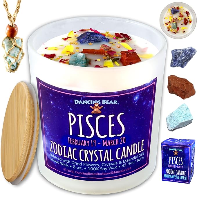 DANCING BEAR Pisces Zodiac Candle Gift Box Set with 3 Healing Crystals & Stone Holder Necklace, 100% Soy Scented Wax, Crackling Wood Wick, 45 Hour Burn Time