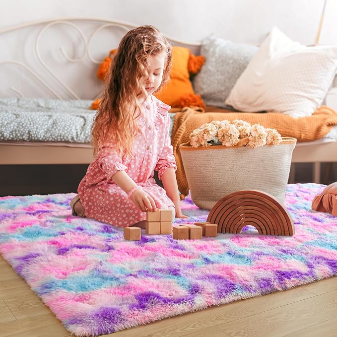 Tepook Pink Blue Purple Area Rug for Girls Room, Fluffy 6x9 Cute Soft Colorful Kids Rugs for Bedroom Dorm Classroom Nursery Playroom, Fuzzy Shaggy Rainbow Princess Carpet for Toddler Home Decor