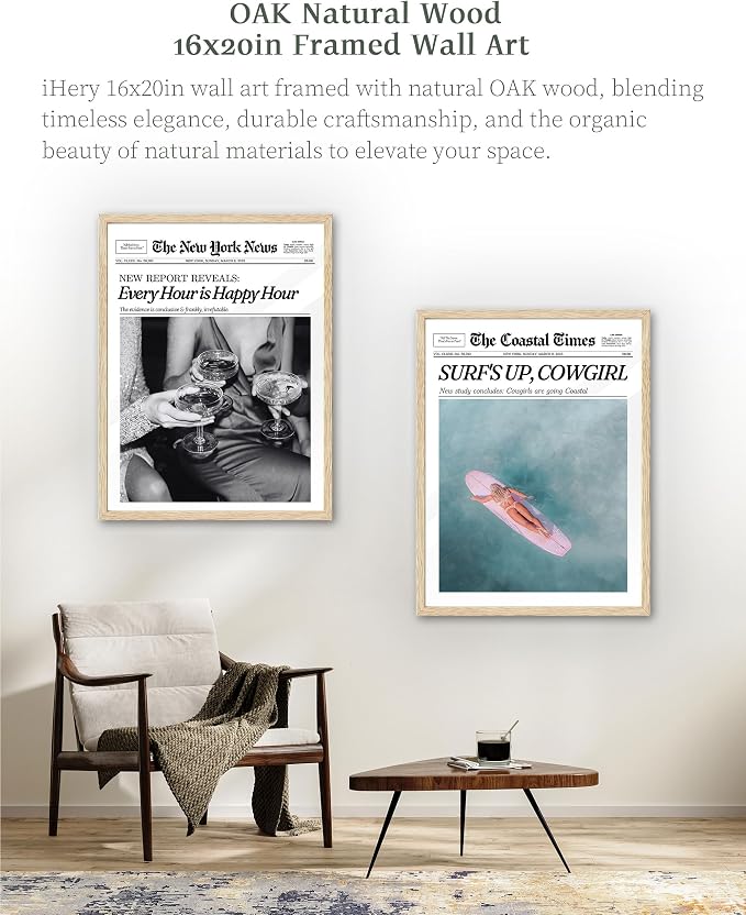 iHery 16x20in Every Hour Is Happy Hour Framed Newspaper Wall Art | Natural OAK Wood Frame with Canvas Print, Retro Editorial Decor for Bedroom, Girl Dorm, Living Room and Gallery Wall, 1Pack