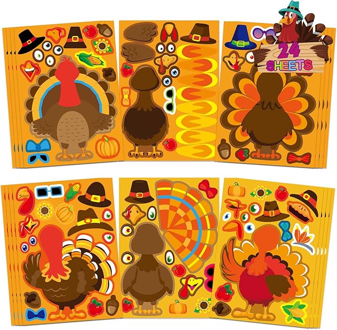 Make a Turkey Stickers 24PCS Thanksgiving Stickers for Kids Turkey Face Sticker Make Your Own Turkey Sticker Thanksgiving Party Favors DIY Crafts Stickers Classroom Teacher Reward