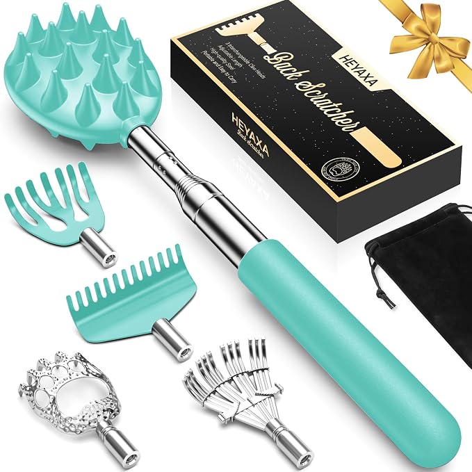 Upgraded Reinforced Telescoping Back Scratcher with 5 Detachable Heads, Larger Scratching Tips,Dad Gifts for Men, Women and Adults