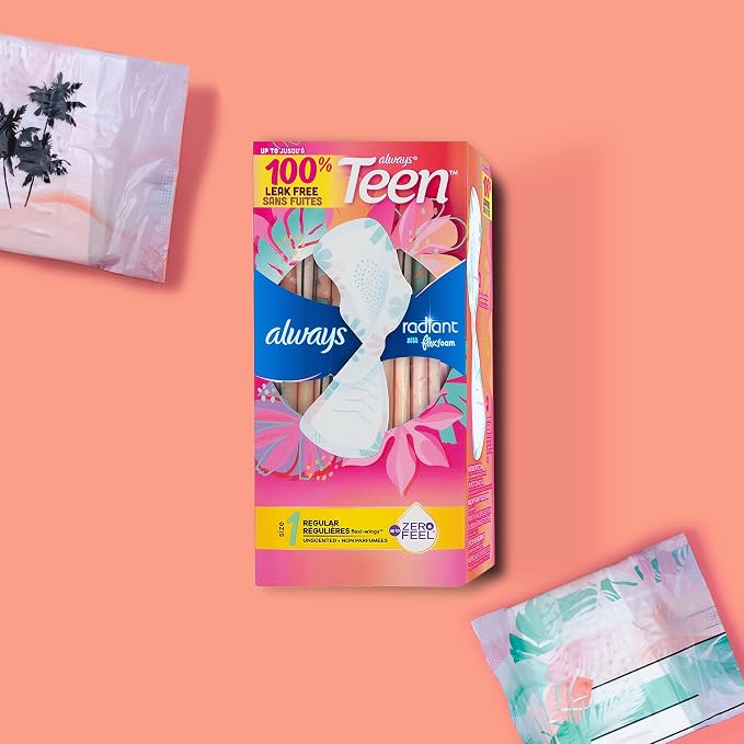 Always Radiant Teen Pads, Size 1, Regular, with Wings, Unscented, 42 Count (Pack of 2)