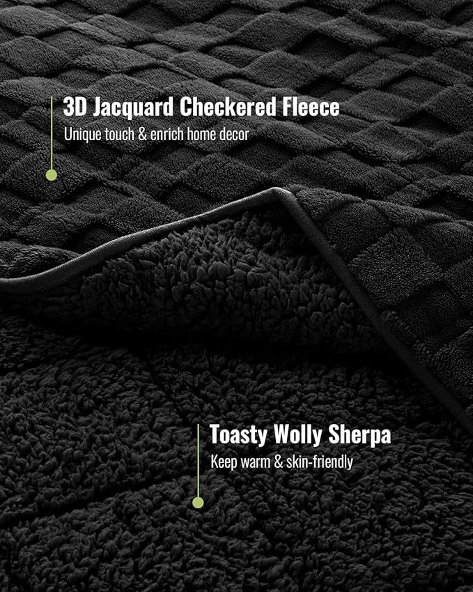 Uttermara Blankets for Adults Full Size, 12lbs 60x80 inches Blanket with Soft Warm Plush Jacquard Sherpa, Washable Thick Throw, Black