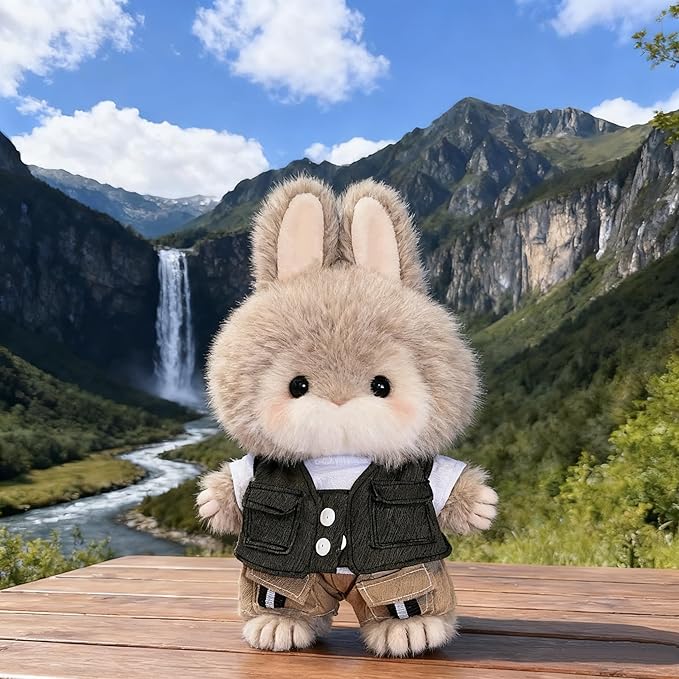 Doll Clothes Set for 15cm/17cm Dolls Outfit Accessories, White T-Shirt + Dark Green Vest + Brown Jeans + Clothes Hanger, No Doll Included (NO Dolls)