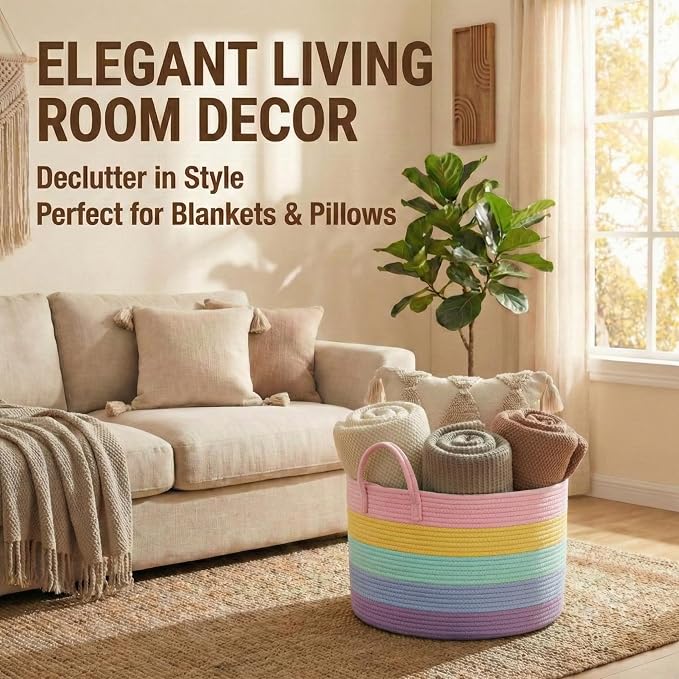 JMvicyroam 65L Extra Large Machine Washable Cotton Rope Blanket Basket | Collapsible laundry hamper, Reinforced handles, For blankets, pillows, toys and clothes, Living room and bedroom, Rainbow