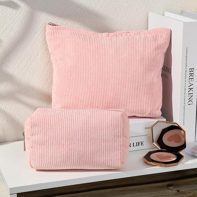 SOIDRAM 2 Pieces Makeup Bag Large Corduroy Cosmetic Bag Capacity Canvas Mix Travel Toiletry Bag Organizer Cute Makeup Brushes Aesthetic Accessories Storage Bag for Women, Corduroy Mix Pink