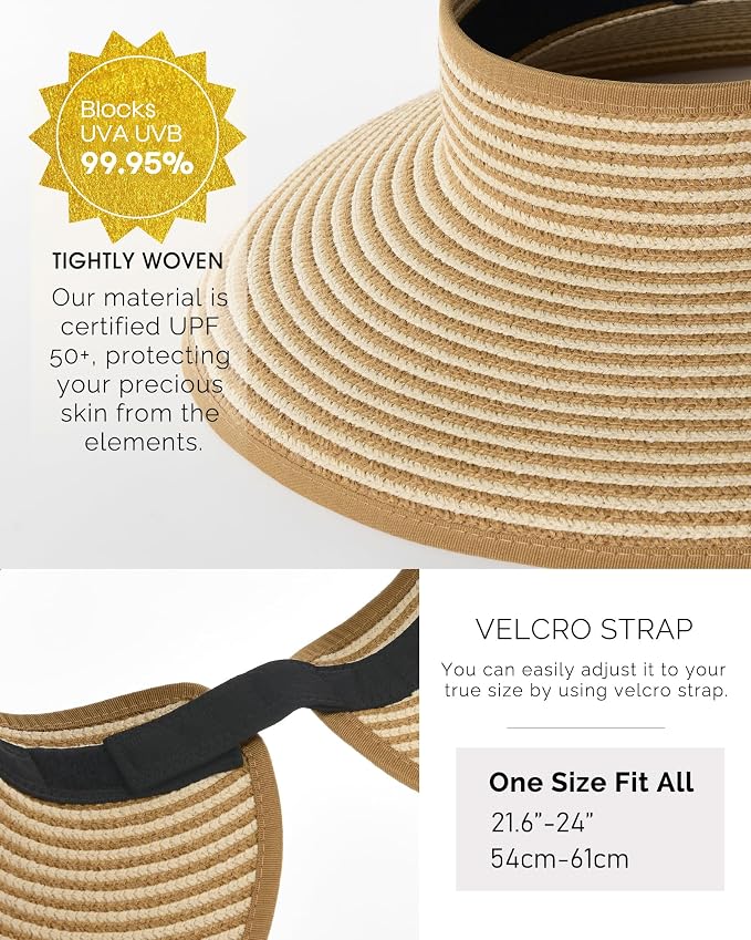 FURTALK Womens Sun Hat with Ponytail Hole Wide Brim Beach Straw Visor | Foldable & Packable for Beach Vacations, Adjustable Fit for Messy Buns, Detachable Windproof Strap, Sweat-Wicking Inner Band