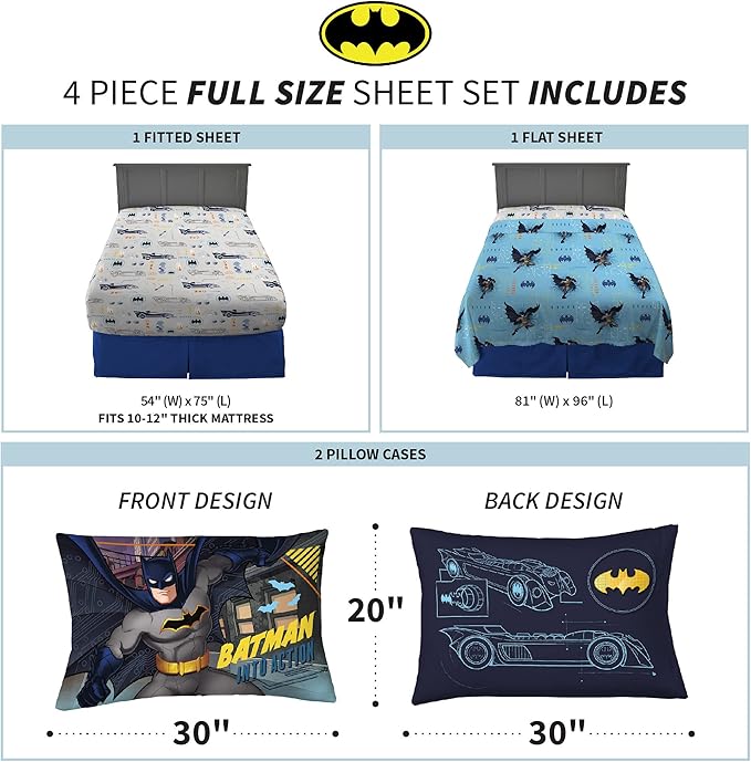Franco Kids Bedding Super Soft Microfiber Sheet Set, Full, Batman