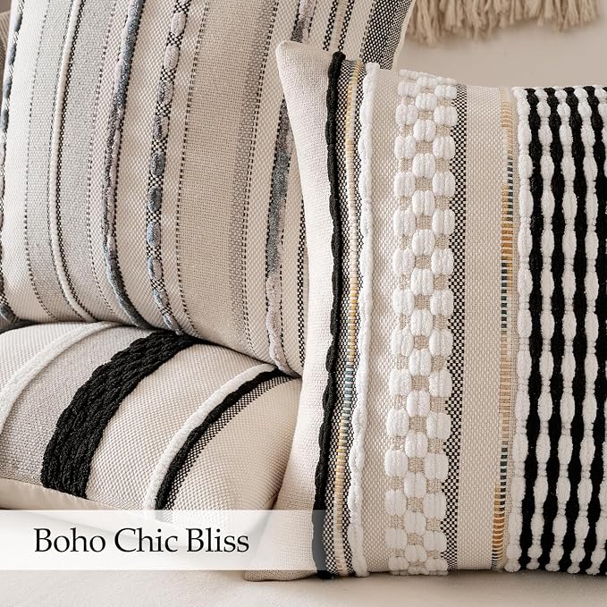 ANRODUO Boho Decorative Pillow Covers 18x18 Black-White Stripe Pack of 2 | Throw Pillow Covers, Farmhouse Cushion Case Chenille Pillow Cases Pillow Covers Accent Neutral Pillowcase for Sofa Couch Bed